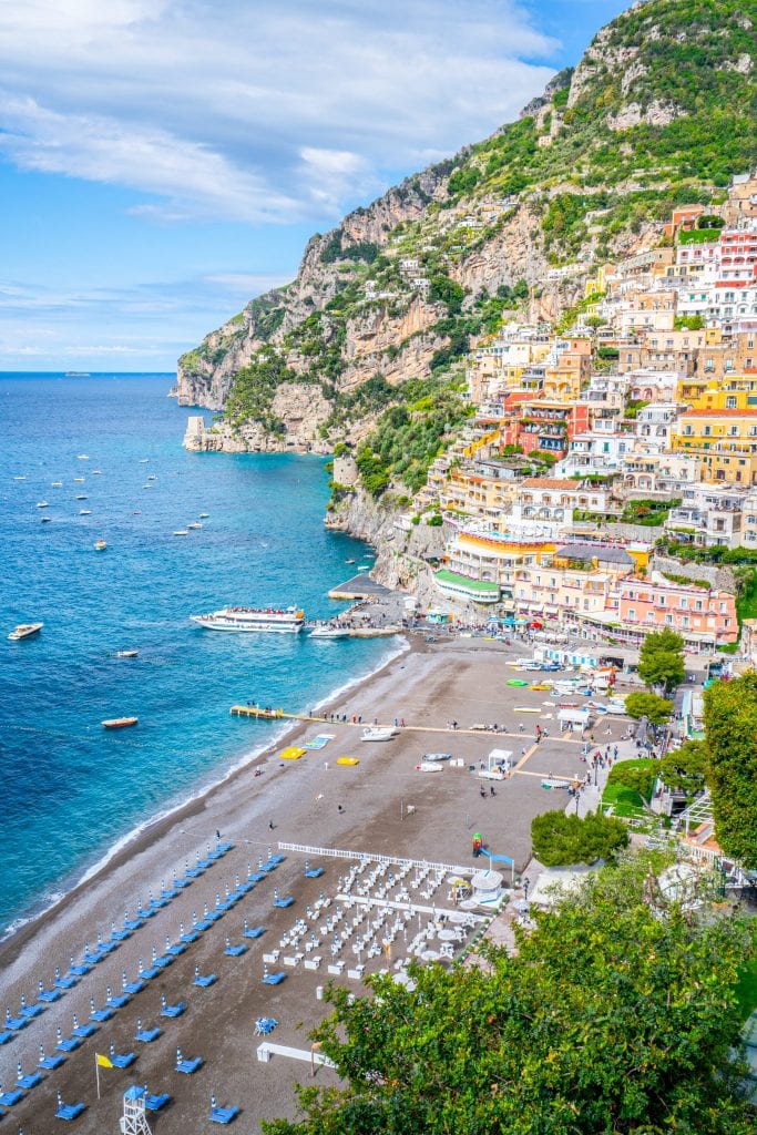 Positano and Positano Beach from above along the Amalfi Coast, one of the best road trips in Europe