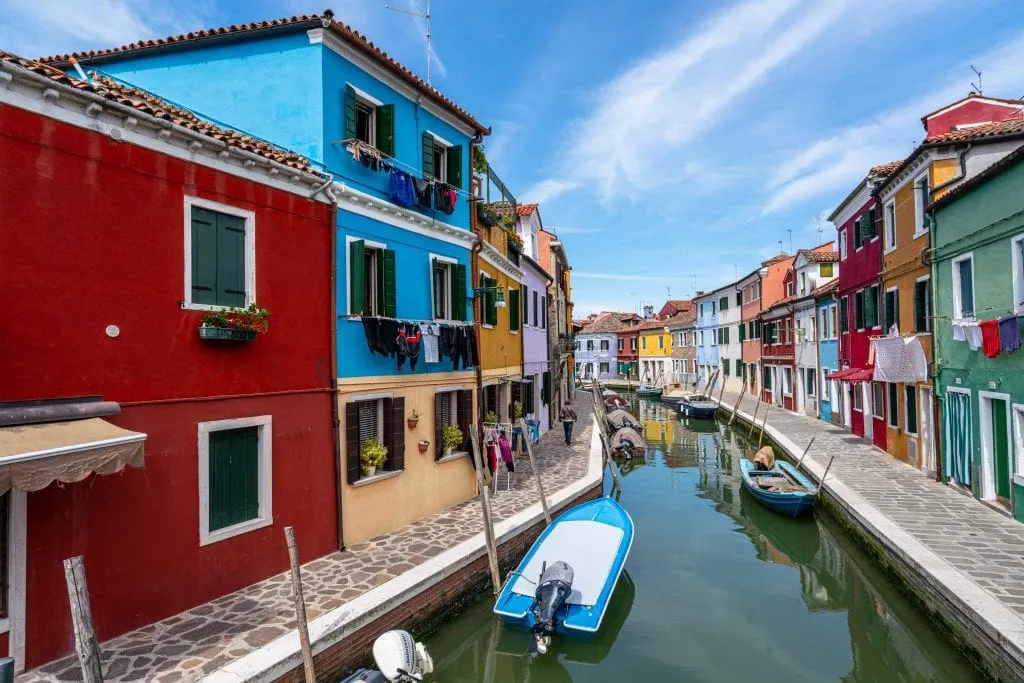 Photo of a canal of Burano with colorful buildings on both sides.