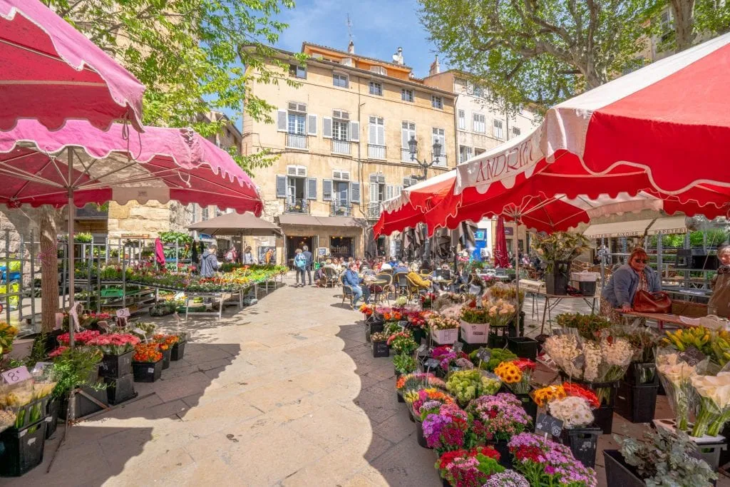 Flower market in Aix-en-Provence. There's flowers underneath umbrellas on both sides of the photo. The umbrellas are pink and red.