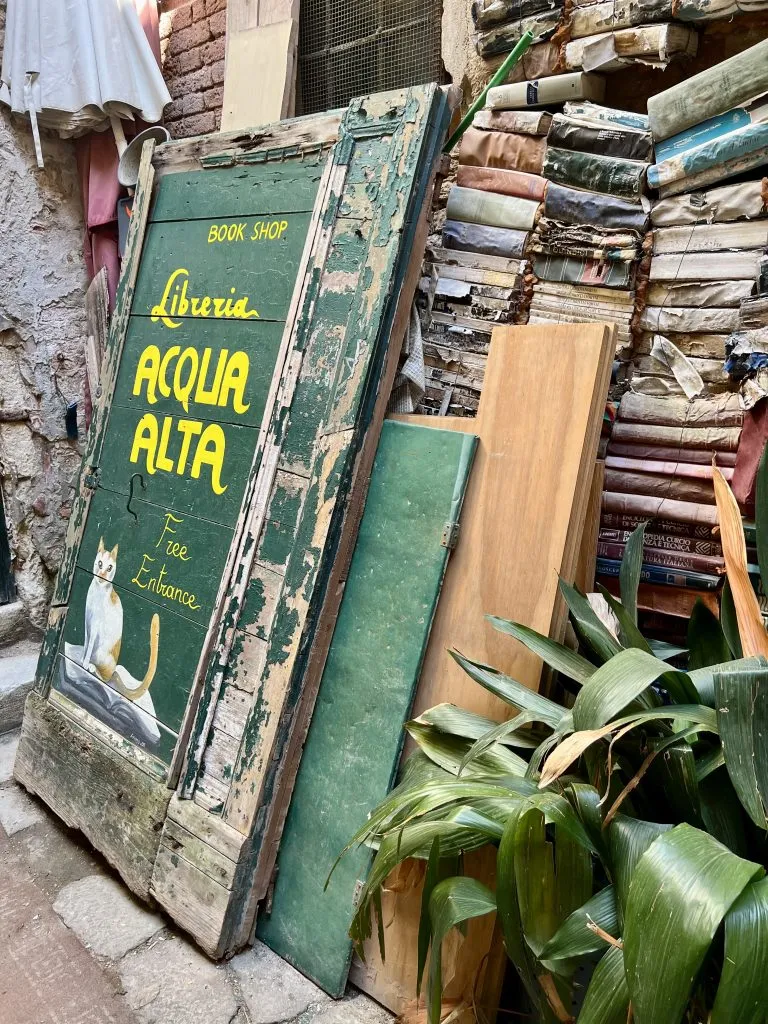 one of the entrances to libreria acqua alta bookstore venice