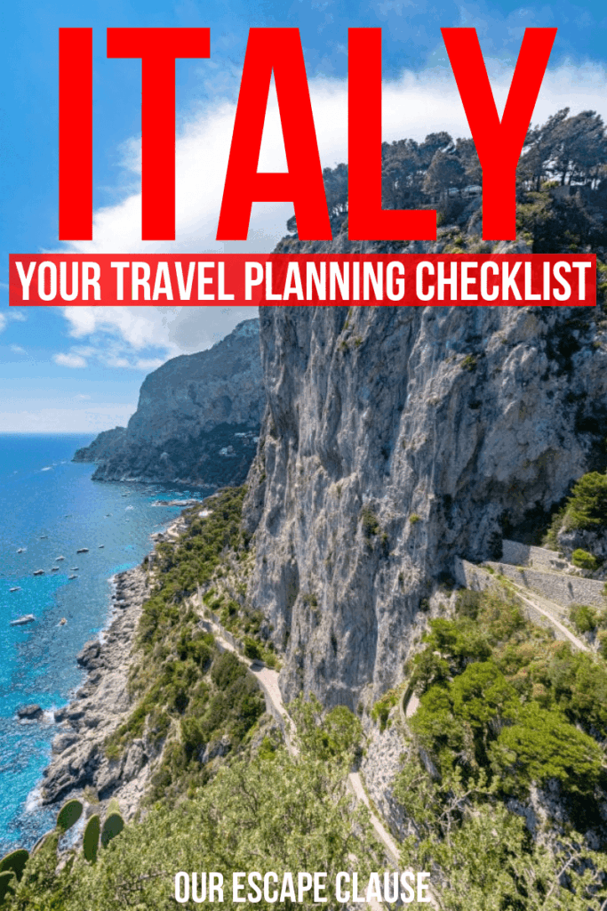 Photo of the cliffs of Capri with text on it stating "Italy: Your Travel Planning Checklist". Links to a post about planning a trip to Italy. The text is red and white.