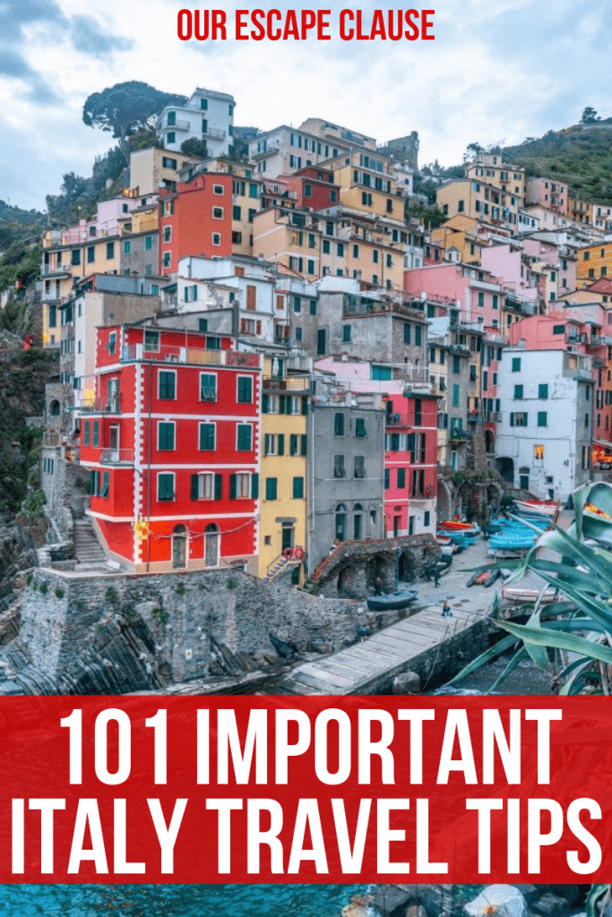 Photo of Riomaggiore, Italy, with text overlay that says "101 Important Italy Travel Tips" in front of a red background.