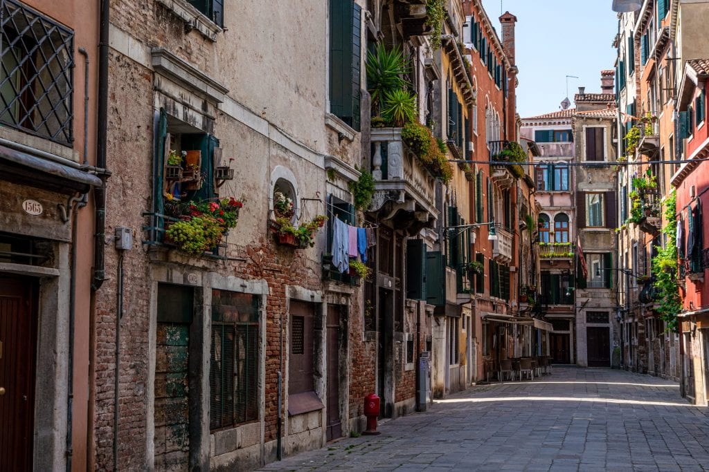 Quiet street in Venice, to be visited on this 2 week Italy itinerary