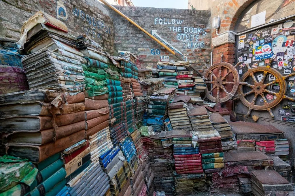 Staircase of books at Libreria Acqua Alta, suggested spot on a 2 Day Venice Itinerary