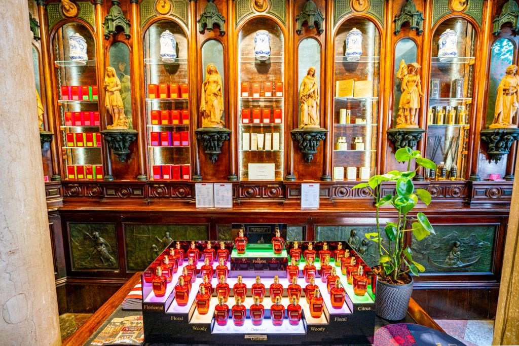 Interior of Merchant of Venice Flagship Store with perfumes, as seen in Venice Italy
