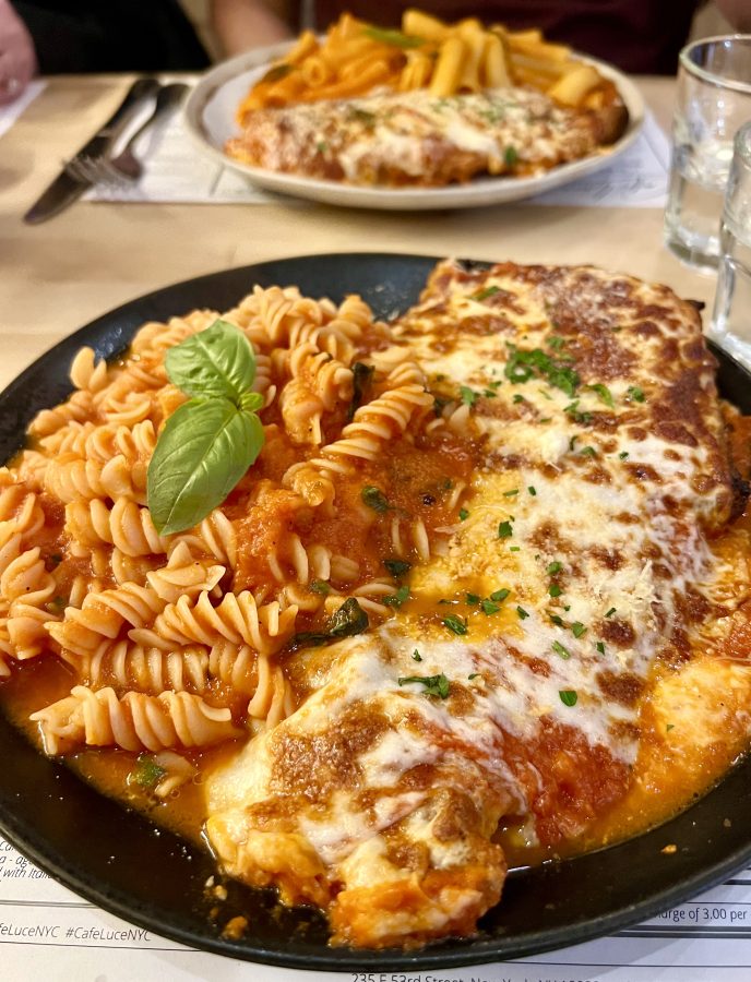 plate of pasta with red sauce and chicken parm at cafe luce in midtown new york city
