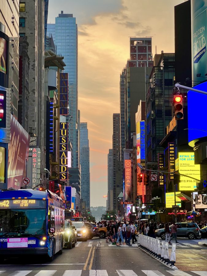 times square nyc sunset taken from middle of street