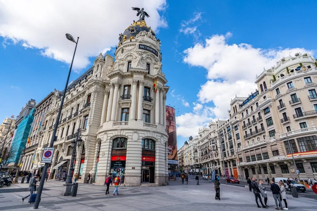 Metropolis Building in Madrid Spain--when trying to see Madrid in 3 days, its most popular building is a definite stop worth making.