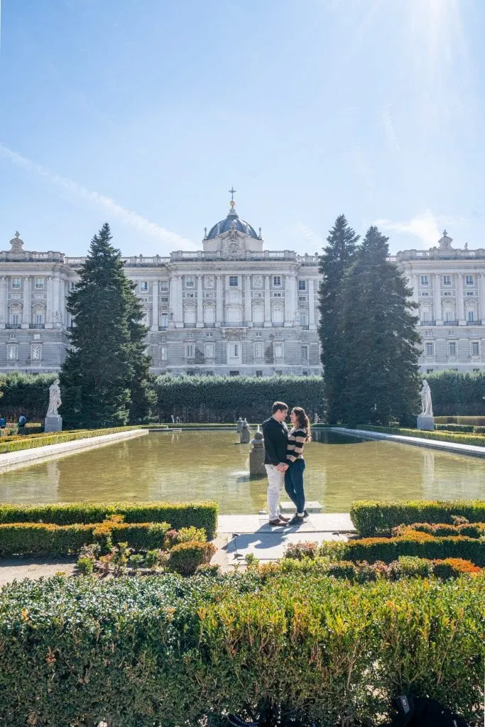 Kate Storm and Jeremy Storm in gardens of Madrid Royal Palace, an excellent stop on any 3 day Madrid itinerary