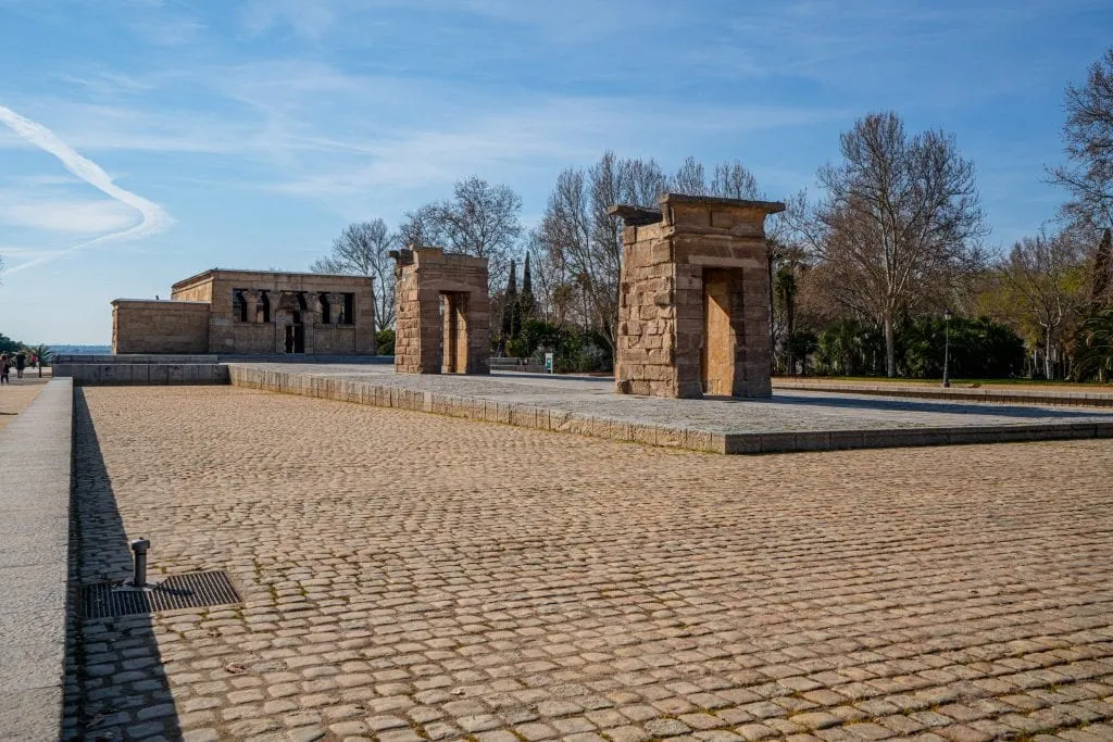 Templo de Debod in Madrid Spain as seen from the corner. Definitely stop here during your few days in Madrid Spain!