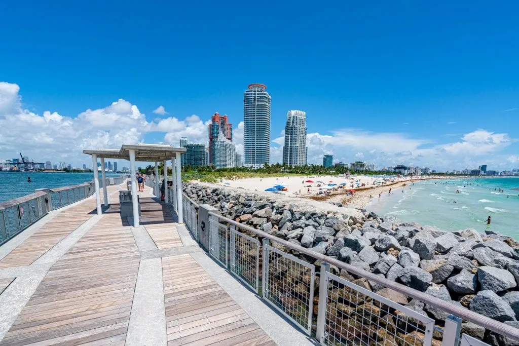 South Pointe Pier in Miami Beach, with view of downtown on the far left and South Beach on the right--definitely visit during your 3 days in Miami!