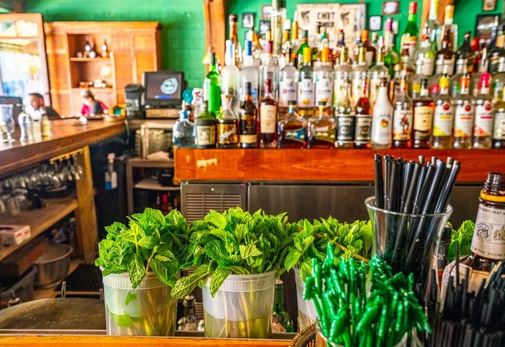 Ball & Chain bar in Little Havana, Miami: fresh mint is in the foreground of the shot, and a full, stocked bar is behind it.