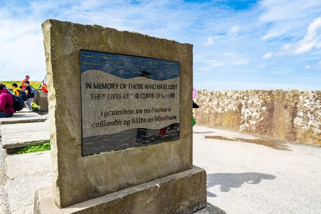 Sign at the Cliffs of Moher memorializing those who have died there.