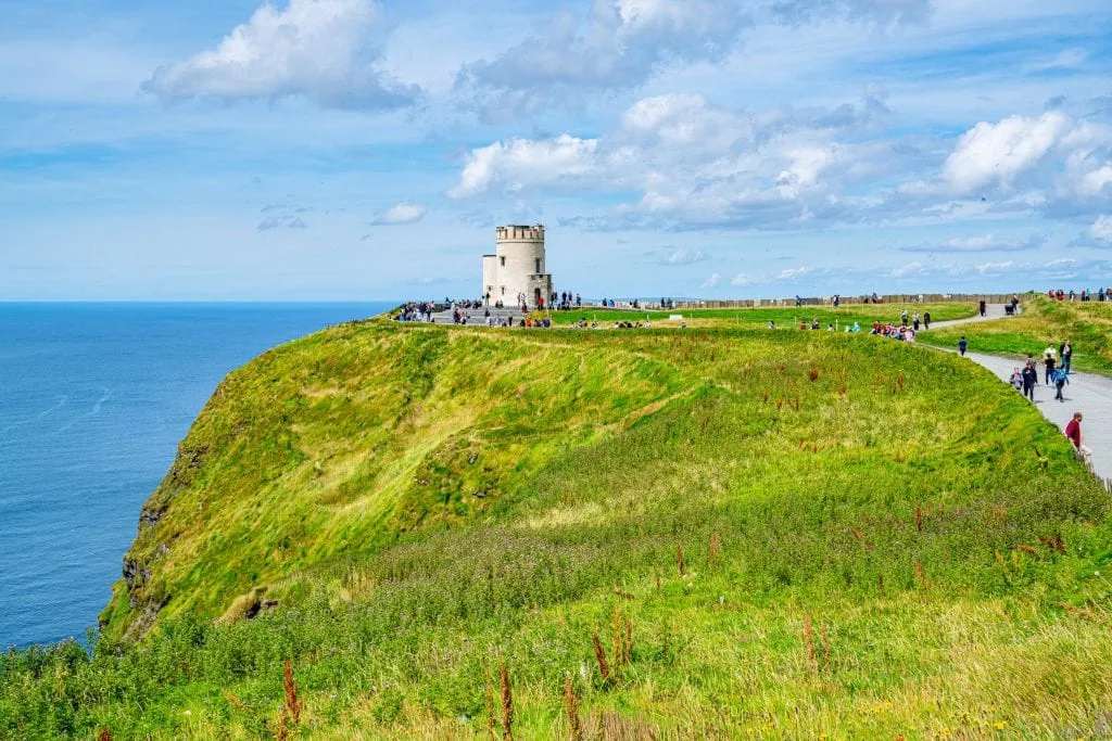 Visitors hiking near O'Brien's Tower at the Cliffs of Moher