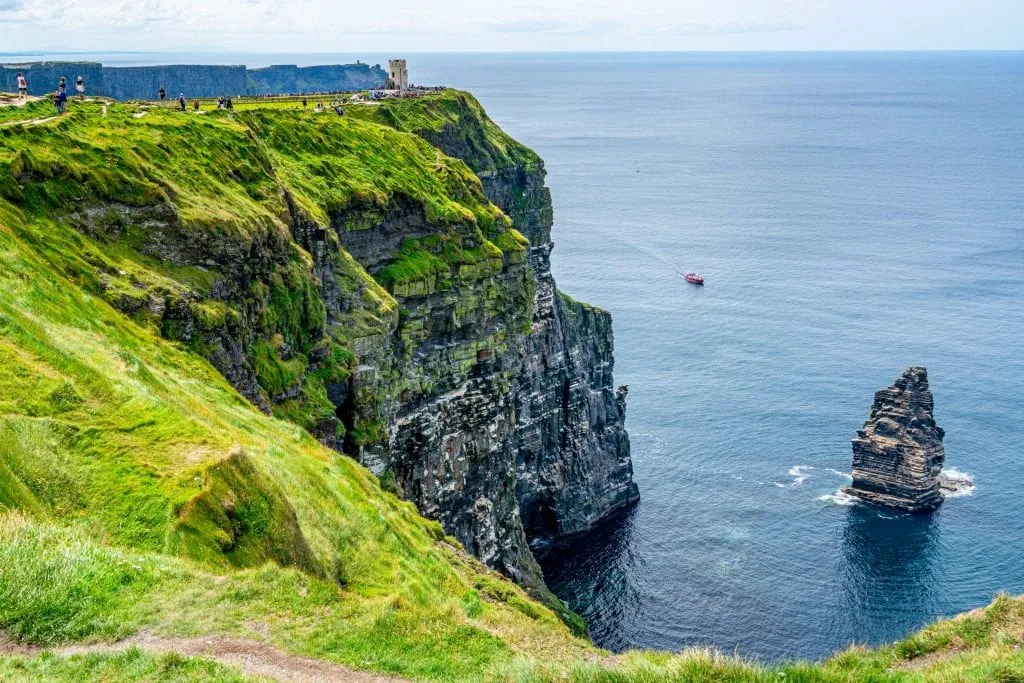 Cliffs of Moher in Ireland with O'Brien's Tower visible on the left and the Stack visible on the right