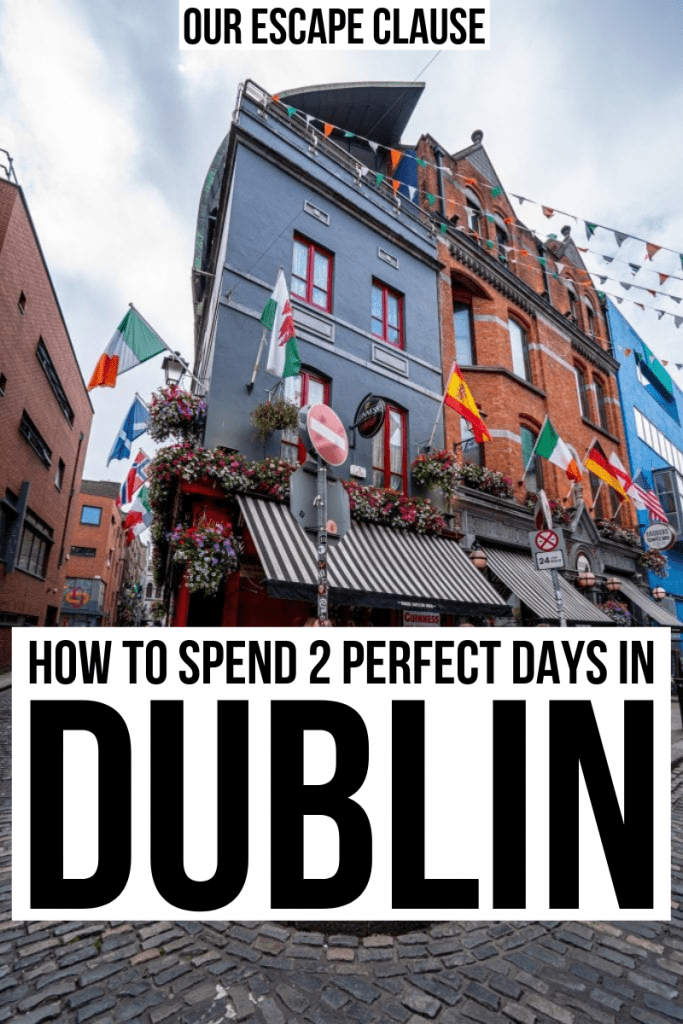 Photo of colorful buildings in Dublin Temple Bar district, black text on white background reads How to Spend 2 Days in Dublin Ireland