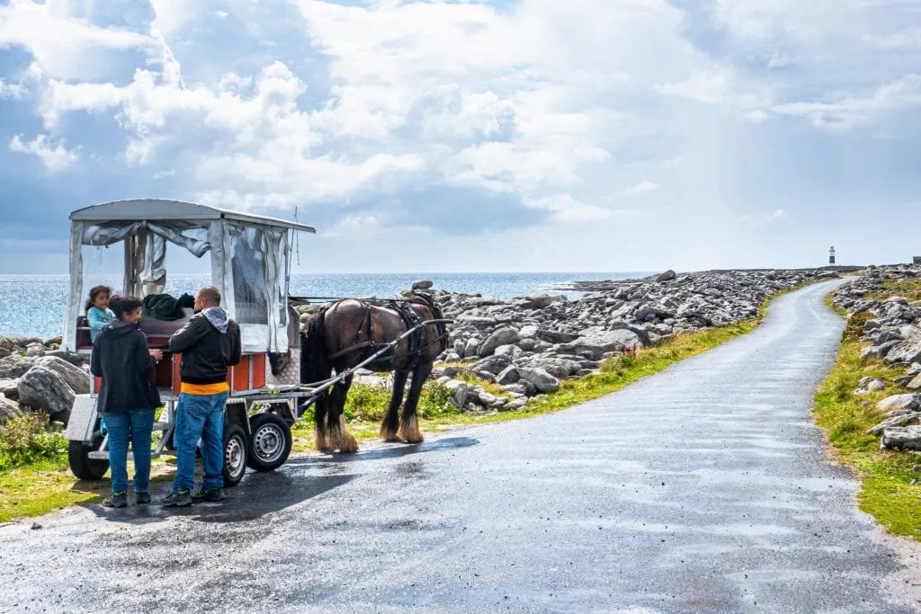 Pony and trap cart on the side of an empty road on Inisheer Ireland