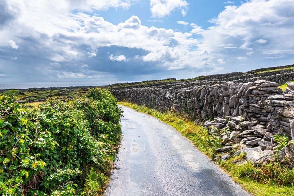 Road on Inisheer Island Ireland with stone walls to the right and greenery to the left