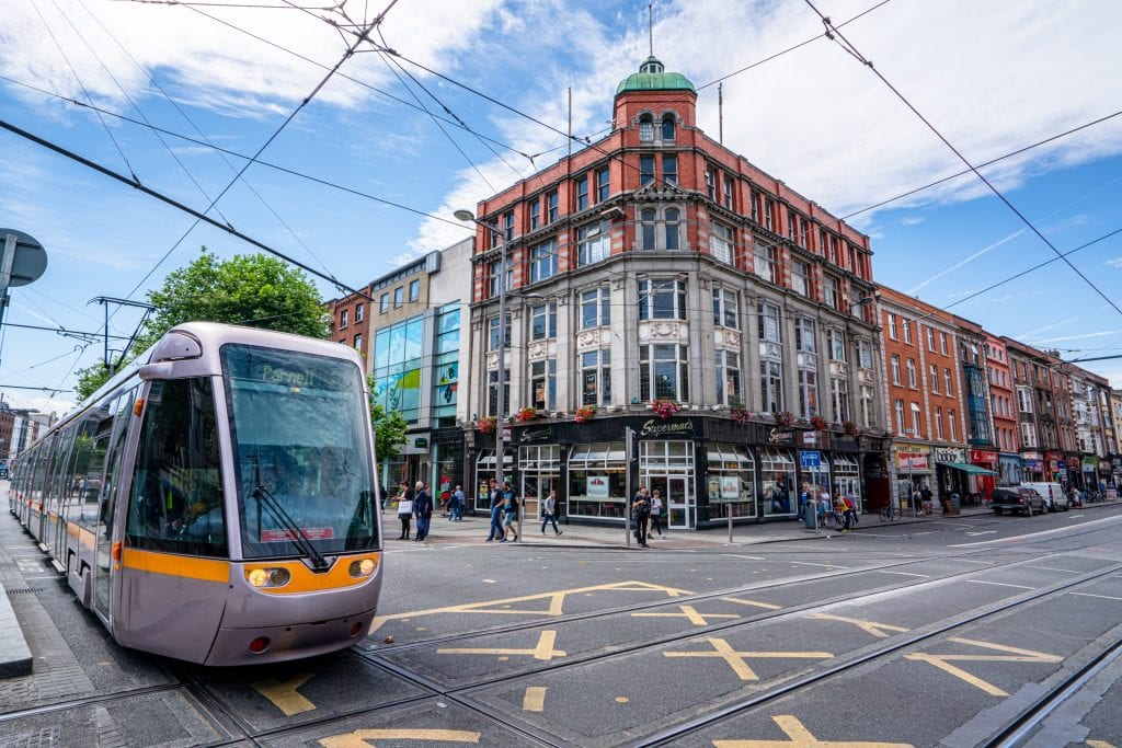 Photo of streets of Dublin with a tram approaching from the left