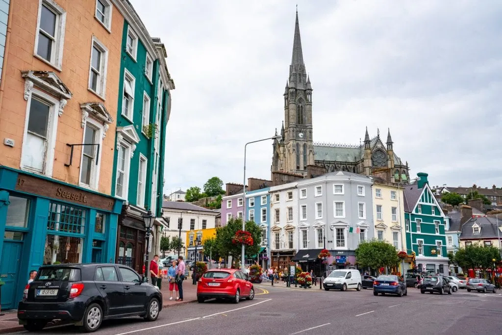 Main square in Cobh Ireland, with St Colman's Cathedral in the background