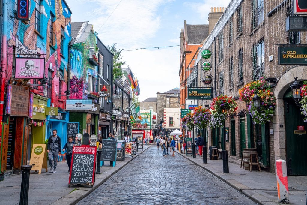 Colorful street in Temple Bar District, a must-see neighborhood when spending a couple of days in Dublin Ireland