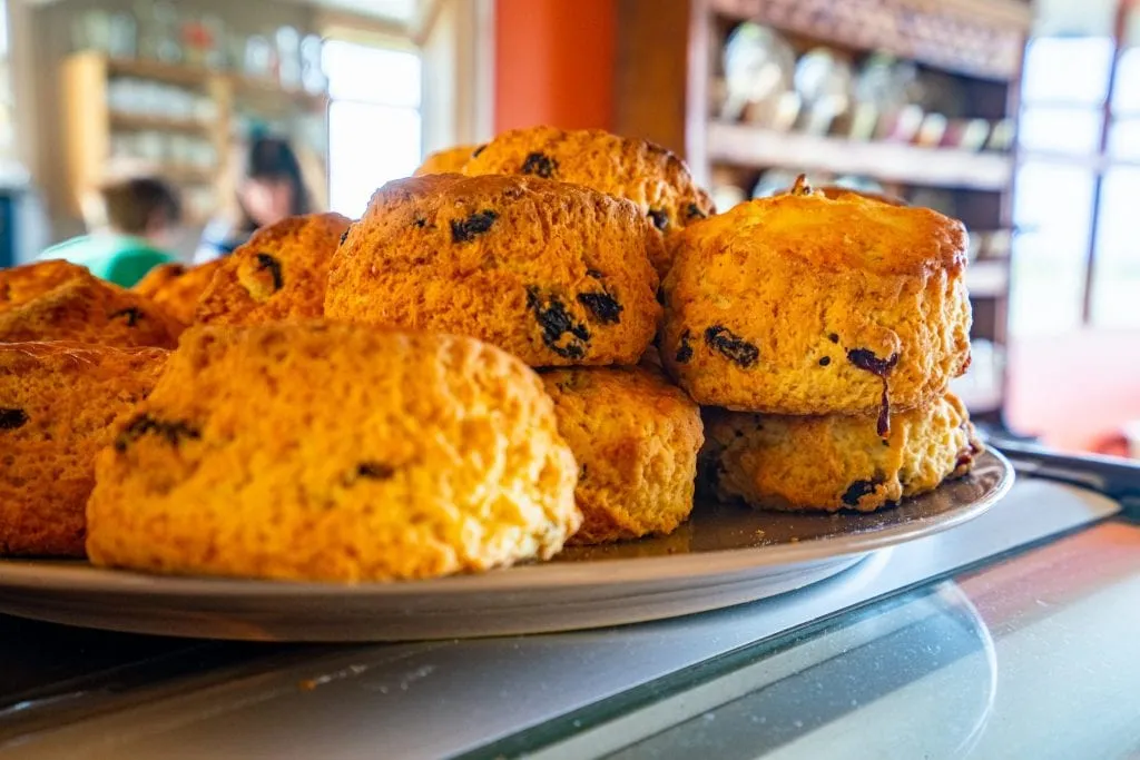 Plate of scones sitting on a shelf in a cafe in Ireland--small cafes are an excellent place to explore what to eat in Ireland