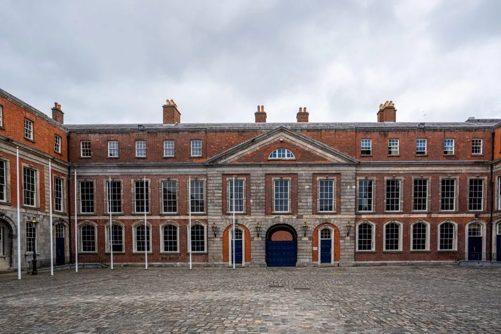 Portion of the exterior of Dublin Castle on a gray, cloudy day