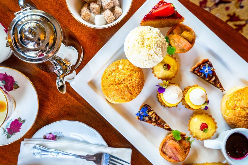 Traditional afternoon tea service at Belleek Castle County Mayo as shot from above