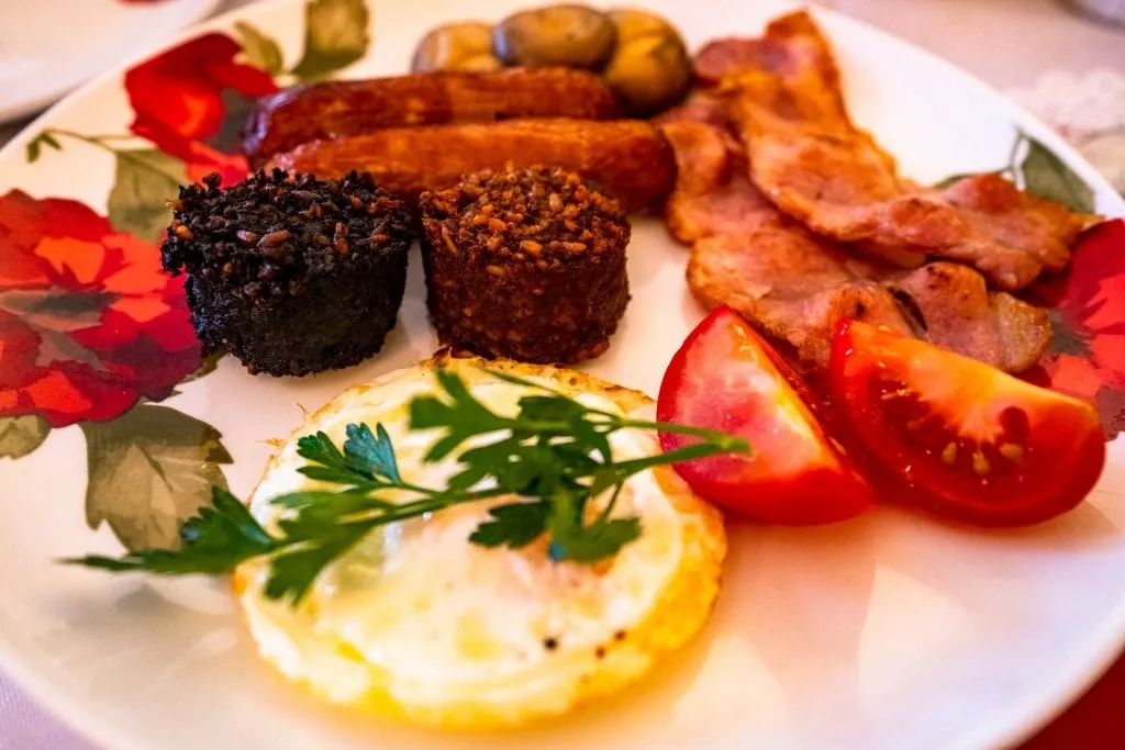 Full Irish breakfast served at Inishross House New Ross--when planning a trip to Ireland, definitely keep in mind which hotels serve delicious breakfasts like this.