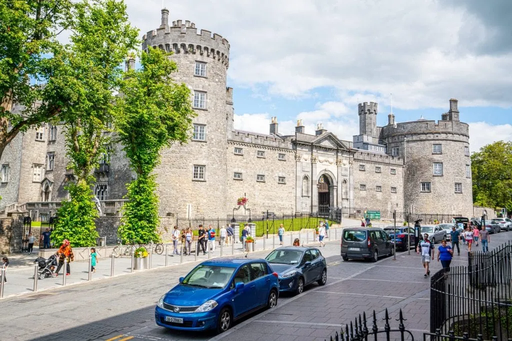 Kilkenny Castle in Kilkenny Ireland, one of the prettiest villages in Ireland, as seen from across the street