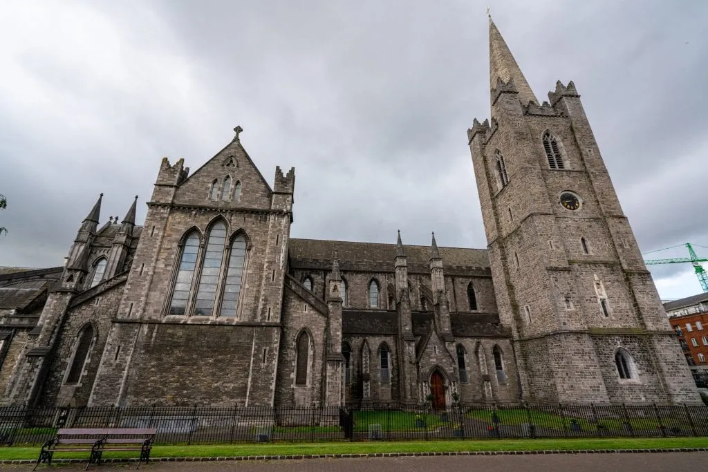 Exterior of St. Patrick's Cathedral in Dublin Ireland on a cloudy day.