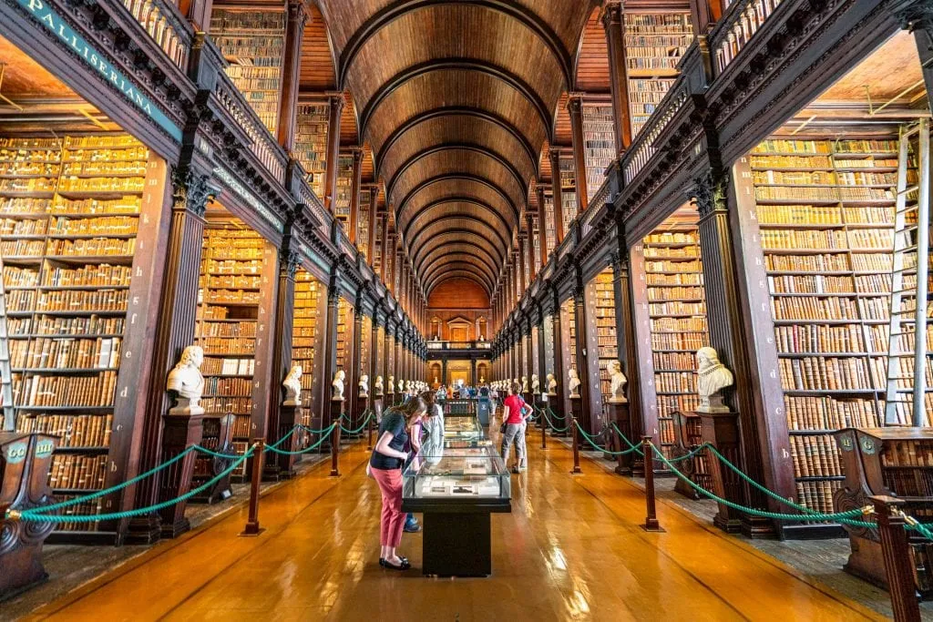 The Long Room at Trinity College photographed from the center--an absolute must-see when spending 2 days in Dublin.