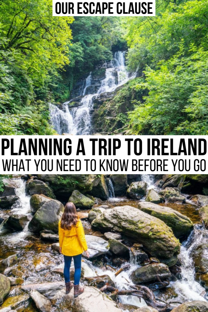 Torc Waterfall with a woman in a yellow rain jacket looking up at it. Black text on a white background says "Planning a Trip to Ireland What You Need to Know"