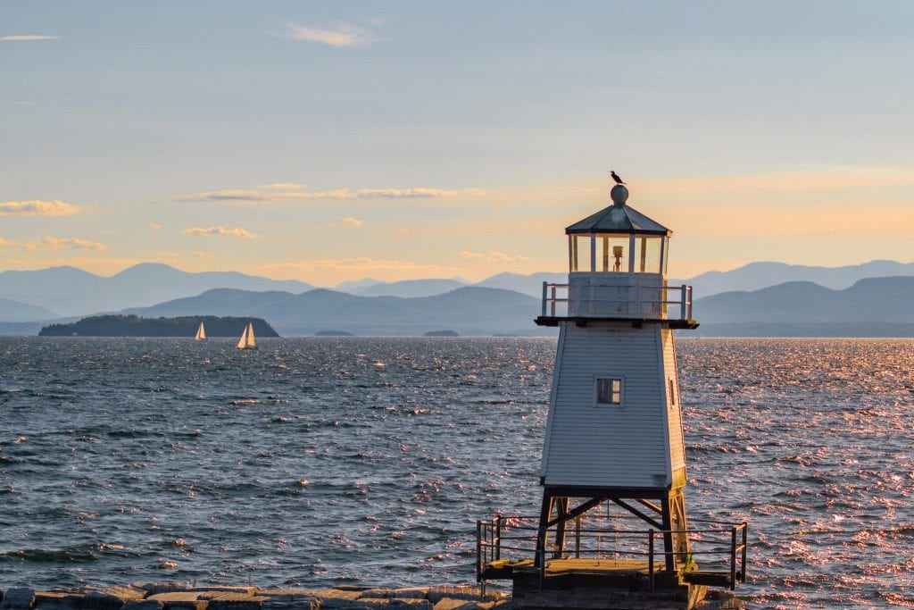 Lighthouse on a lake near Burlington Vermont, one of the best places to see in New England