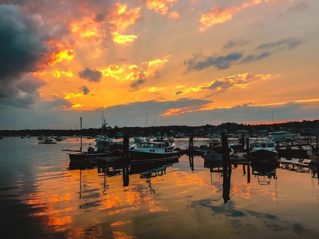 Boothbay Harbor Maine at sunset, one of the best places to see in New England