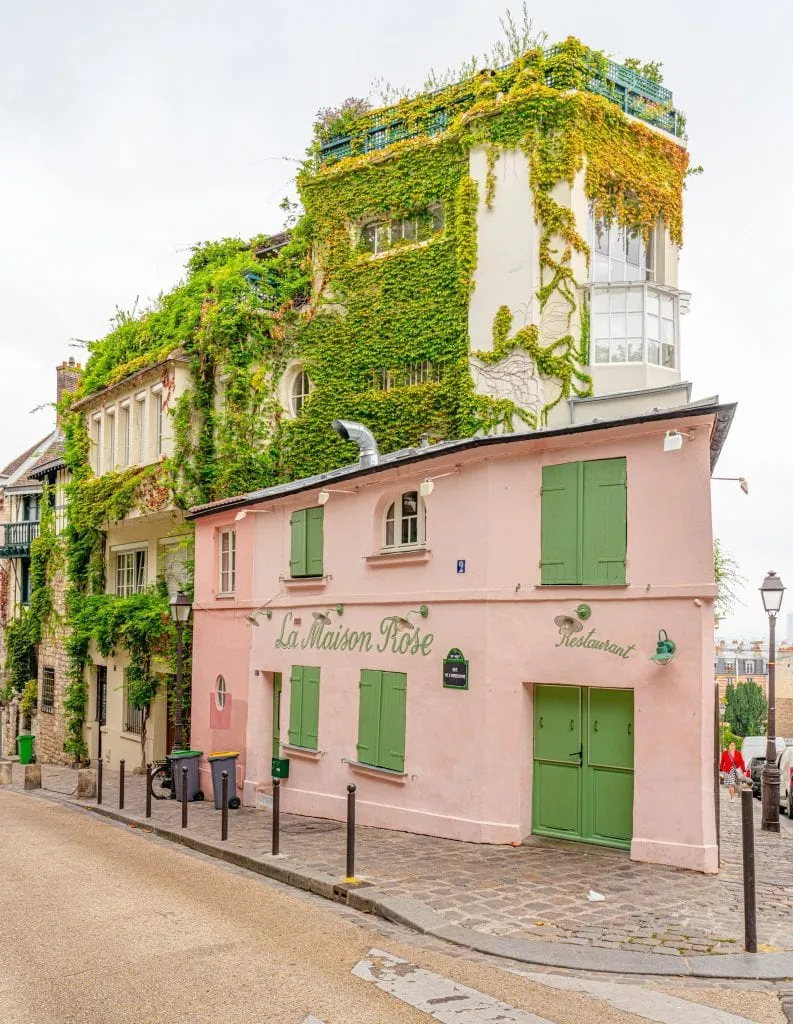 green and pink la maison rose facade, the famous pink house montmartre paris