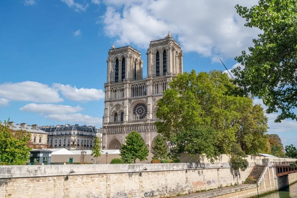 View of the front of Notre Dame as of September 2019, after the April 2019 fire