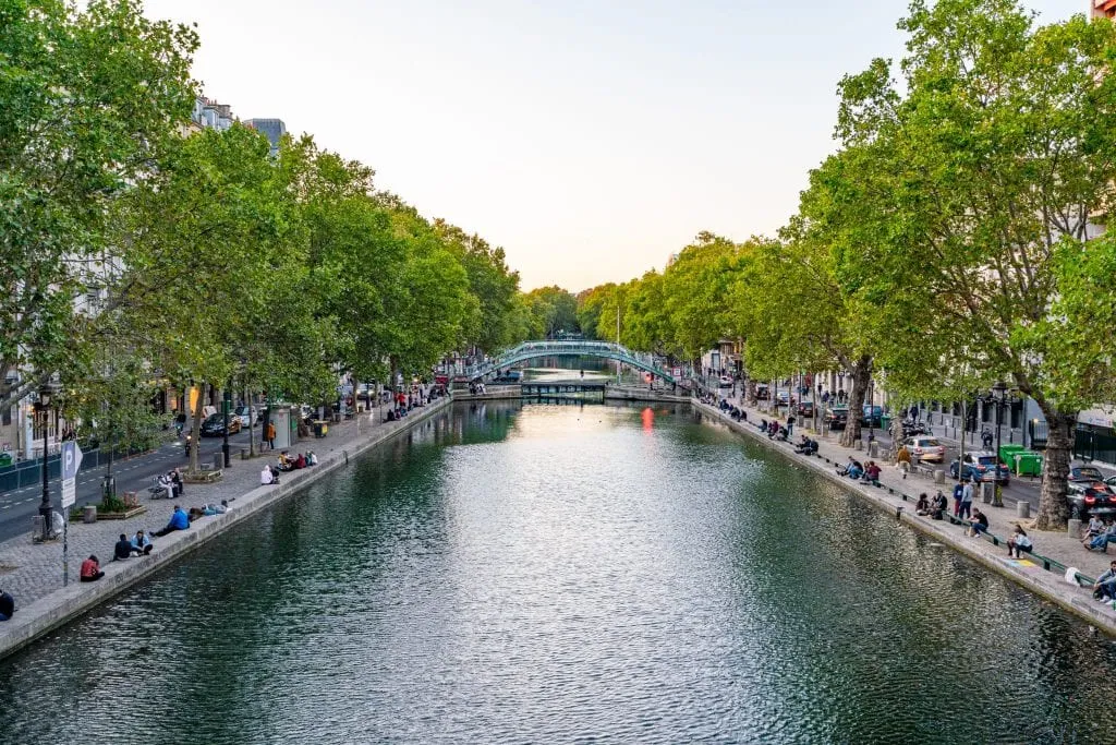 Canal Saint-Martin near sunset, taken from a bridge over the canal--this secret Paris spot is perfect for exploring Paris off the beaten path