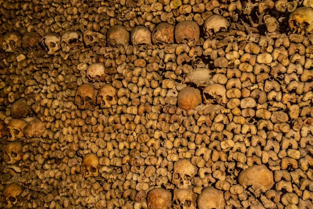 Wall of bones as seen when visiting the Paris catacombs