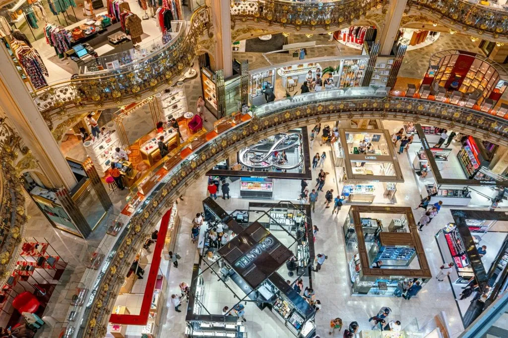 view of galeries lafayette paris department store as seen from above, one of the best places to shop in paris france