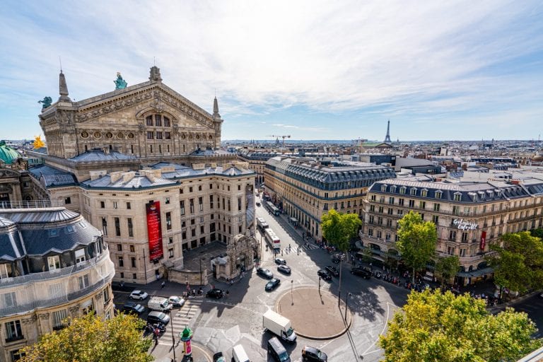 View of Paris Opera House and Eiffel Tower from rooftop of Galeries Lafayette, one of the best instagram spots in Paris