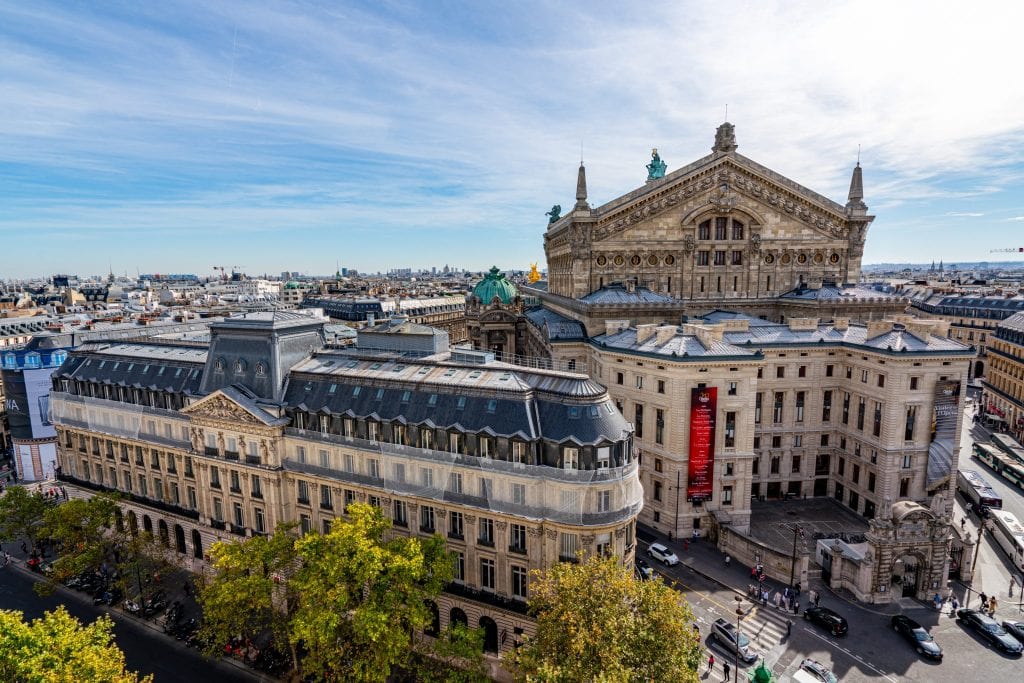 view of the paris opera house from galeries lafayette, as seen while work and travel