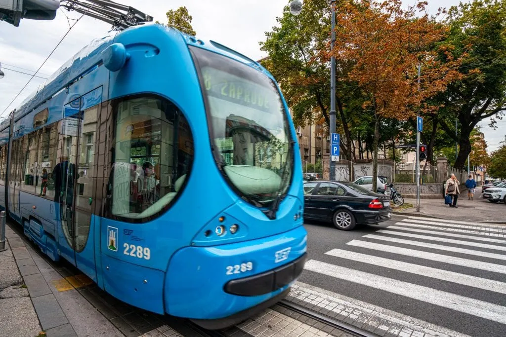 Photo of a blue tram in Zagreb Croatia