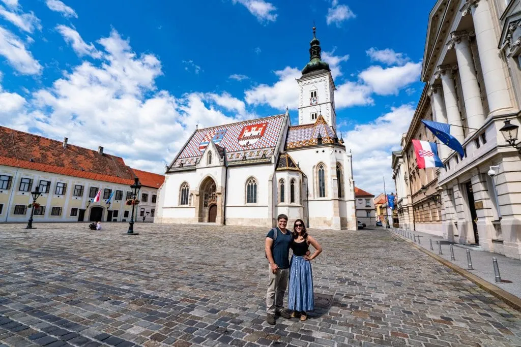 Kate Storm and Jeremy Storm in front of St. Mark's Church--even if you're only seeing Zagreb in a day, it's definitely worth stopping by here!