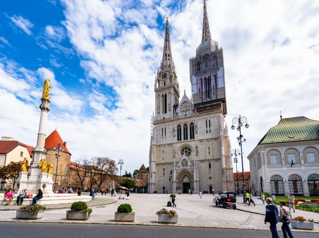 Photo of Zagreb Cathedral from the front--definitely add this to your lists of things to see with one day in Zagreb Croatia.