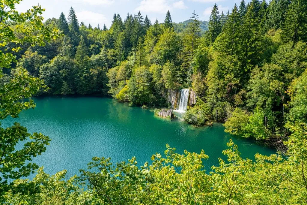 Waterfall and lake in Plitvice Lakes National Park Croatia from above, an essential stop on any 10 days in Croatia itinerary!