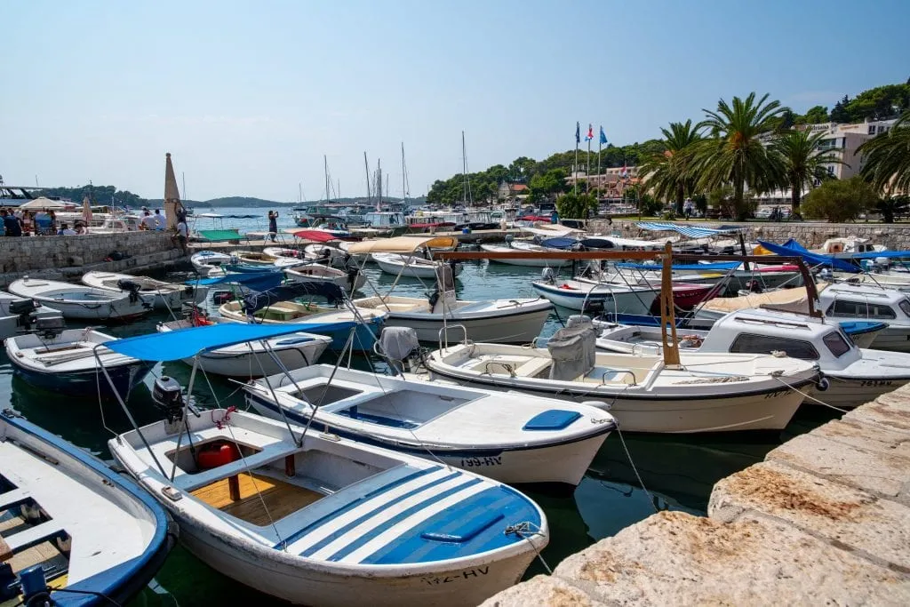 Small boats parked in the Hvar harbor