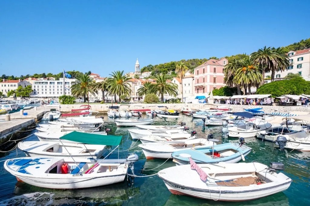 Hvar Harbor with a collection of small boats lined up--any trip to Hvar will include at least a few strolls here