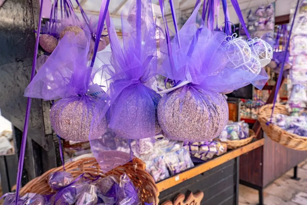 Purple balls of lavender hanging on a souvenir stand in Hvar Croatia