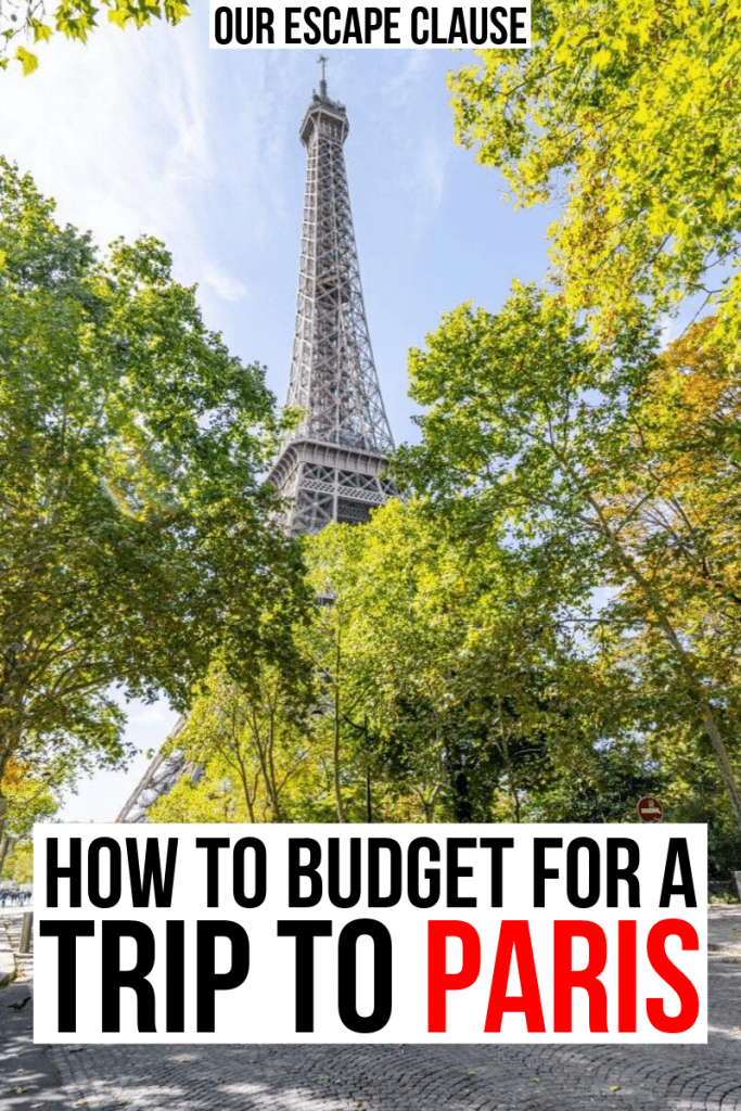 Photo of the Eiffel Tower being framed by leafy trees. Black and red text on a white background reads "How to Budget for a Trip to Paris Cost"